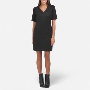 Spanx Black Faux Suede Column Mini Dress Short Sleeve V Neck Size XL NWT